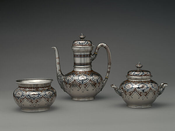 Tea and Coffee Set, Tiffany & Co., Silver, copper, niello, and ivory, American