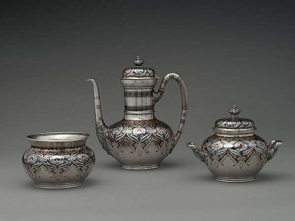 Tea and Coffee Set, Tiffany &amp; Co. (1837–present), Silver, copper, niello, and ivory, American 