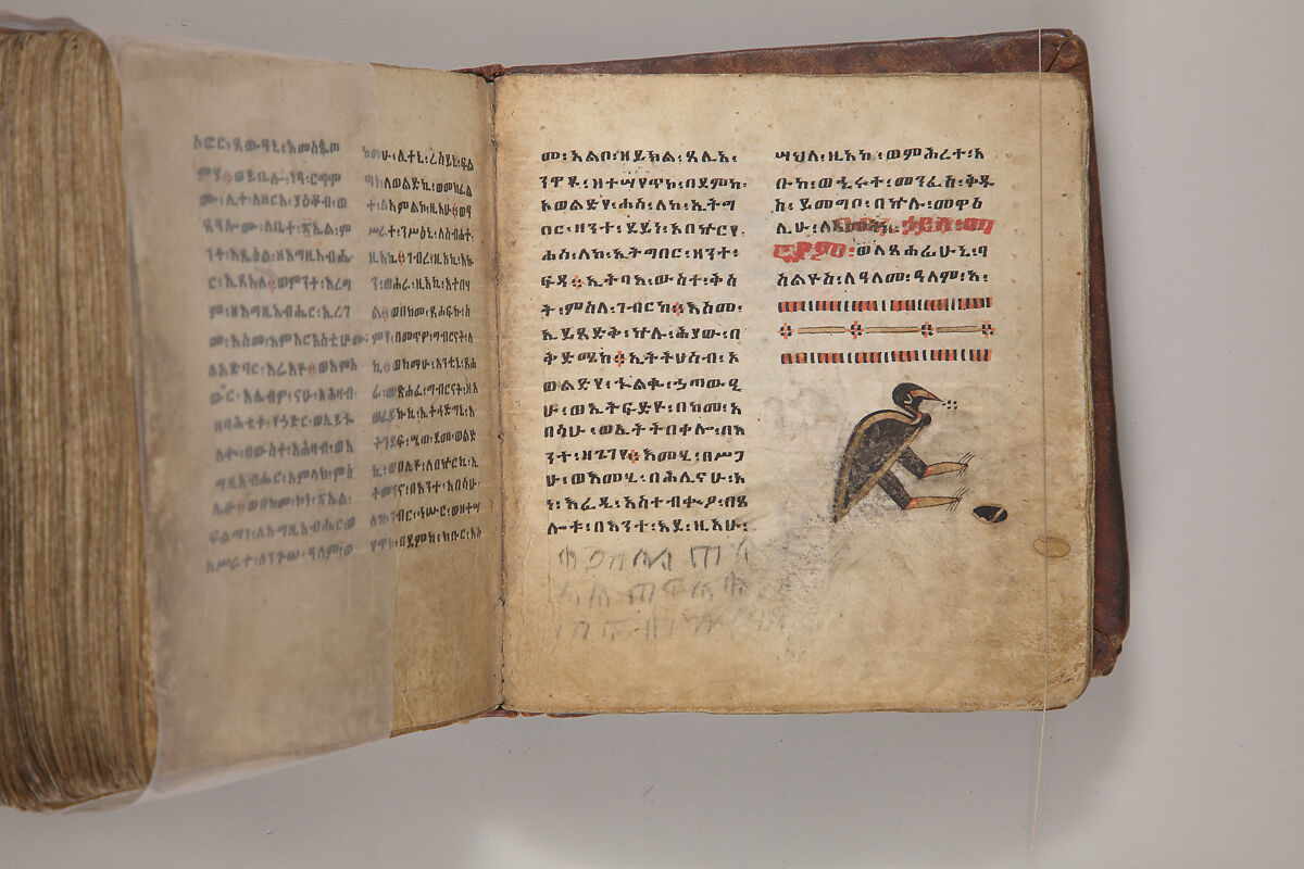 Arganonä Maryam (The Organ of Mary) prayer book, Attributed to Baselyos, also known as "The Ground Hornbill Master" (active late 17th century, Lasta region, Ethiopia), Parchment, pigment ink, wood, leather, fiber