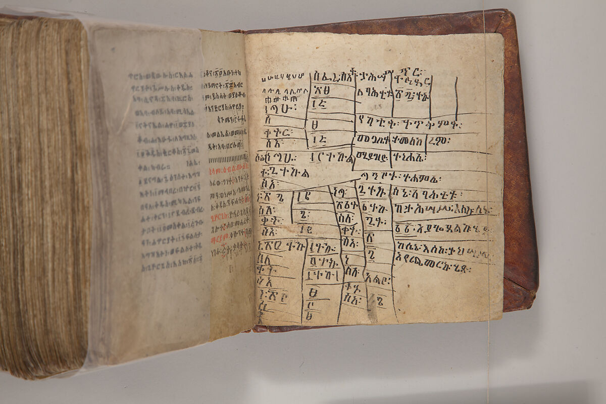 Arganonä Maryam (The Organ of Mary) prayer book, Attributed to Baselyos, also known as "The Ground Hornbill Master" (active late 17th century, Lasta region, Ethiopia), Parchment, pigment ink, wood, leather, fiber