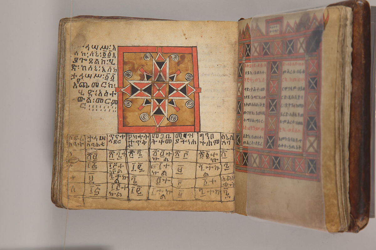 Arganonä Maryam (The Organ of Mary) prayer book, Attributed to Baselyos, also known as "The Ground Hornbill Master" (active late 17th century, Lasta region, Ethiopia), Parchment, pigment ink, wood, leather, fiber