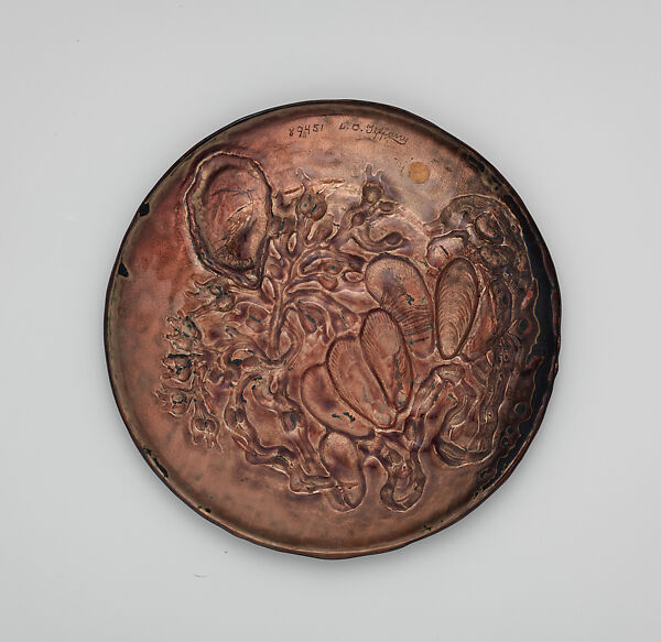 Plaque with mussel and oyster shells and seaweed, Possibly Tiffany Glass and Decorating Company (American, 1892–1902), Enamel on copper, American