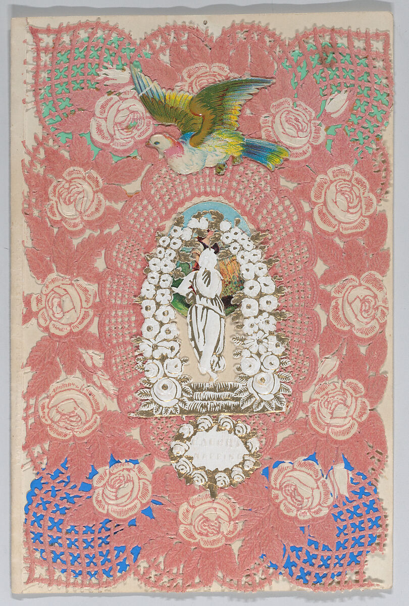 Valentine, Anonymous, Cameo-embossed,   open-work pink lace paper, chromolithography, die-cut scraps; on envelope: ink, graphite 