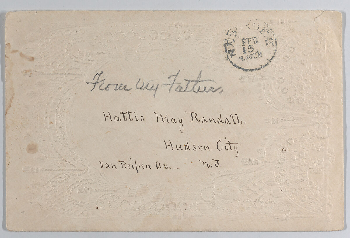 Valentine, Anonymous, Cameo-embossed,   open-work pink lace paper, chromolithography, die-cut scraps; on envelope: ink, graphite