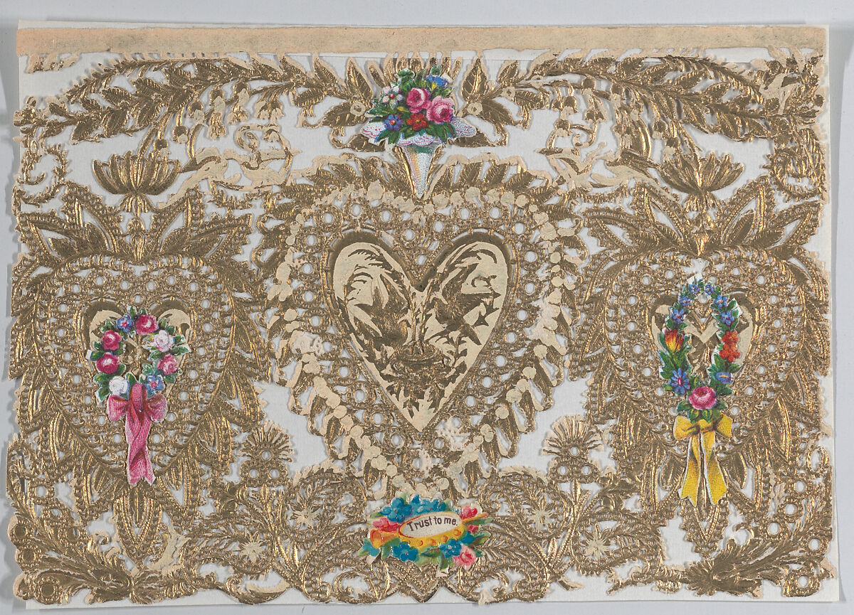 Valentine, Anonymous, Cameo-embossed,   open-work, gilded lace paper, chromolithography, die-cut scraps 