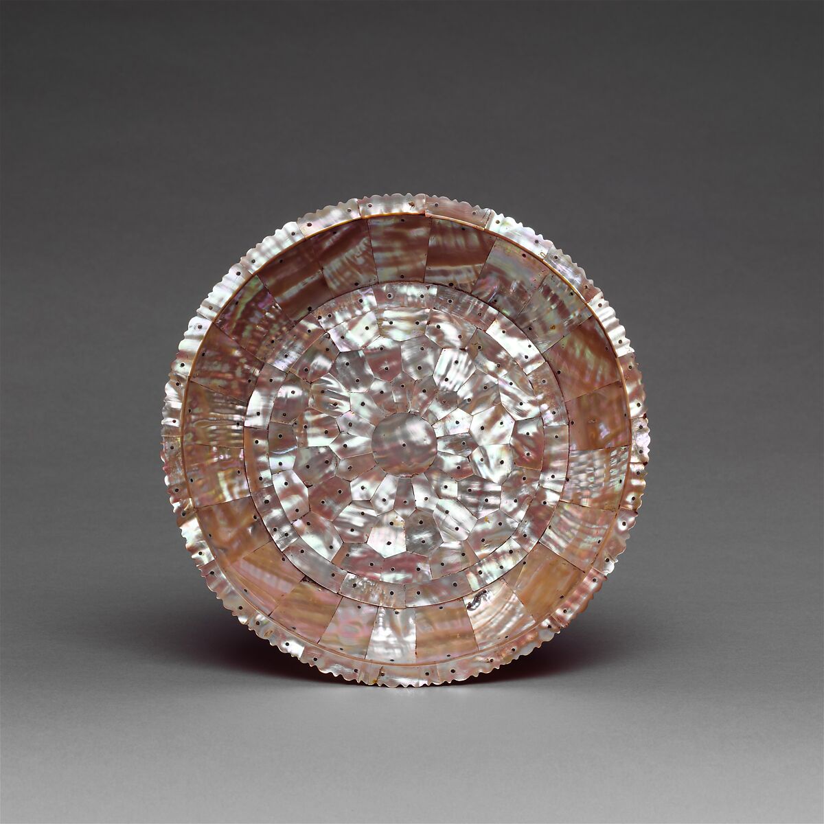 Plate, Mother-of-pearl with copper alloy base (underside) and rim frame, India (Gujarat) 