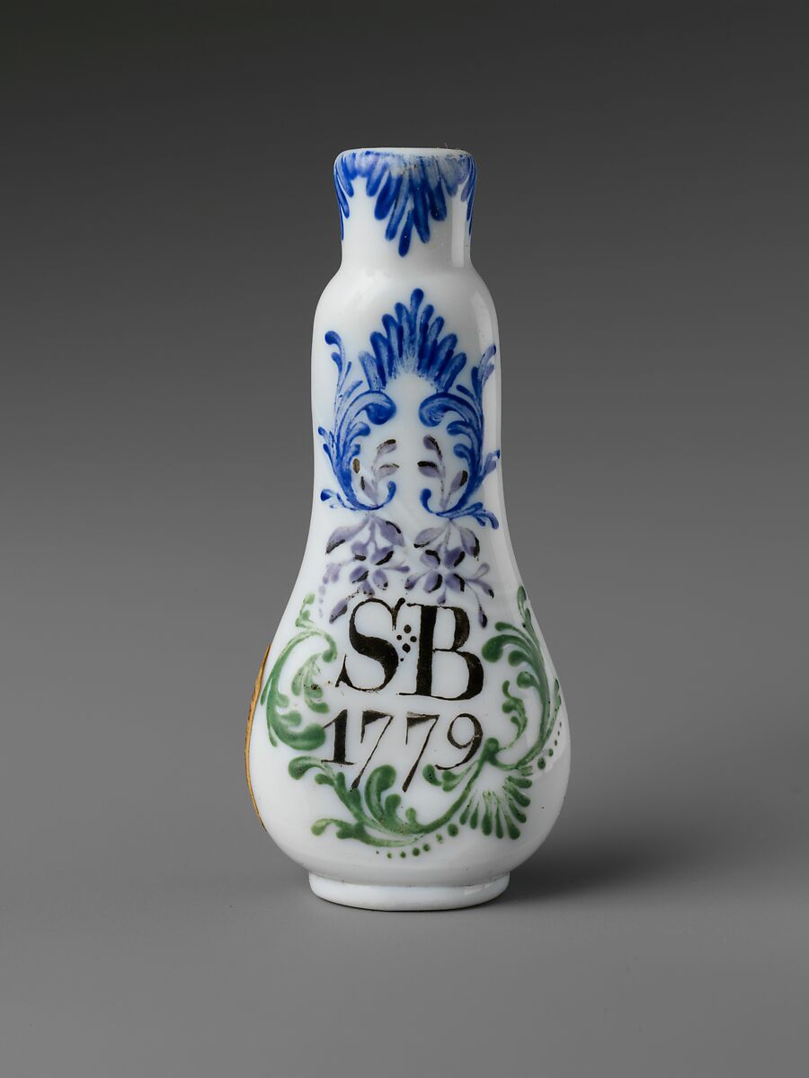 Scent Bottle, Opaque glass with enamel decoration, British