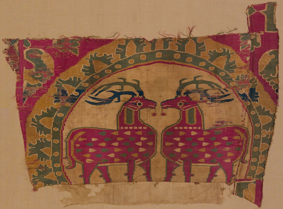 Textile Fragment with Confronted Deer in Partial Pearl Roundel with Serrated Outer Border, Silk, Eastern Iran or Sogdiana 