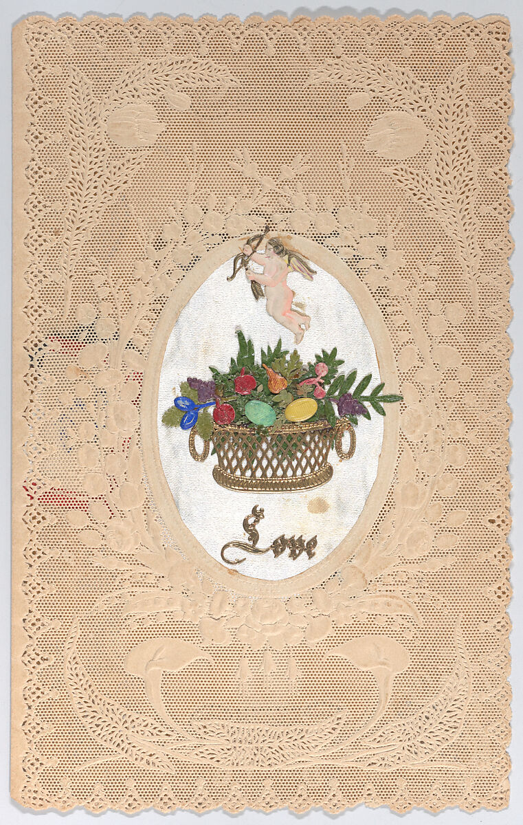 Valentine, Anonymous, Cameo-embossed,   open-work  lace paper, chromolithography, watercolor, die-cut scraps, gilt scrap 