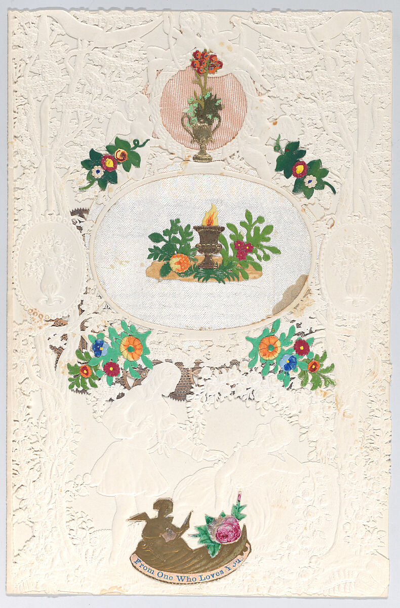 Valentine, Anonymous, Cameo-embossed,   open-work lace paper,   watercolor, die-cut scraps, gilt and silvered scrap, satin, silk moire, ink