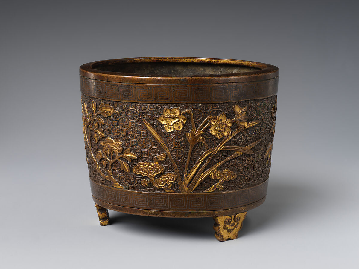 Incense burner with flowers, Attributed to Hu Wenming (Chinese, active late 16th–early 17th century), Copper alloy, parcel gilding, silver inlay, China