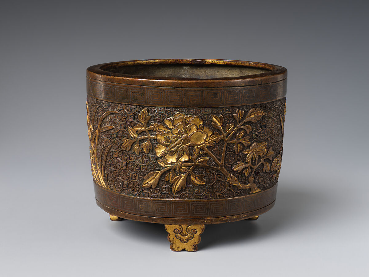 Incense burner with flowers, Attributed to Hu Wenming (Chinese, active late 16th–early 17th century), Copper alloy, parcel gilding, silver inlay, China