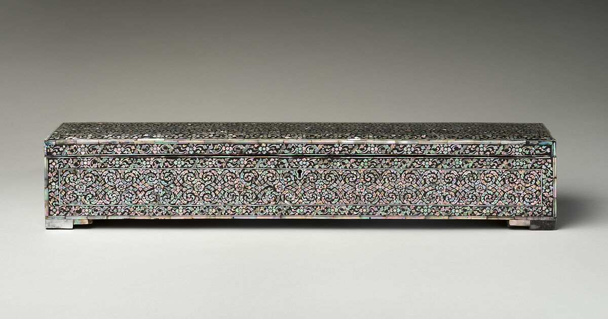 Palm-leaf Manuscript Storage Box, Lacquered wood with mother-of-pearl inlay; brass hinges and keyed lock., Thailand