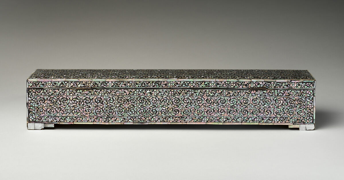 Palm-leaf Manuscript Storage Box, Lacquered wood with mother-of-pearl inlay; brass hinges and keyed lock., Thailand