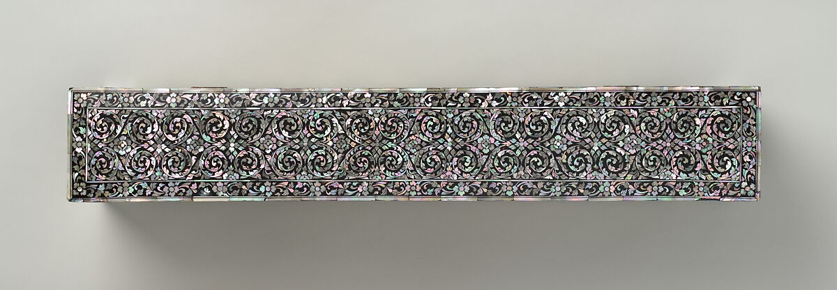 Palm-leaf Manuscript Storage Box, Lacquered wood with mother-of-pearl inlay; brass hinges and keyed lock., Thailand