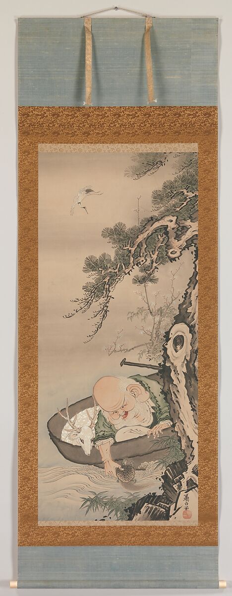 The God of Good Fortune Jurōjin, Soga Shōhaku (Japanese, 1730–1781), Hanging scroll; ink and color on paper, Japan