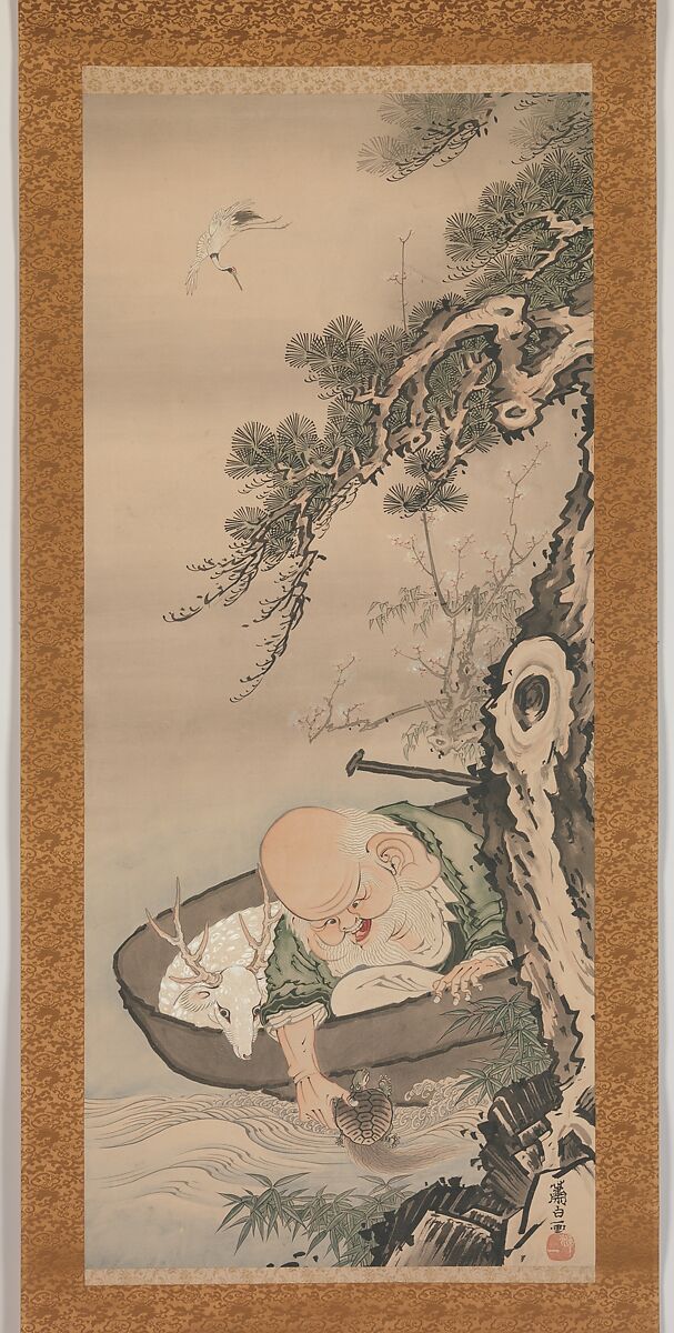 The God of Good Fortune Jurōjin, Soga Shōhaku (Japanese, 1730–1781), Hanging scroll; ink and color on paper, Japan 
