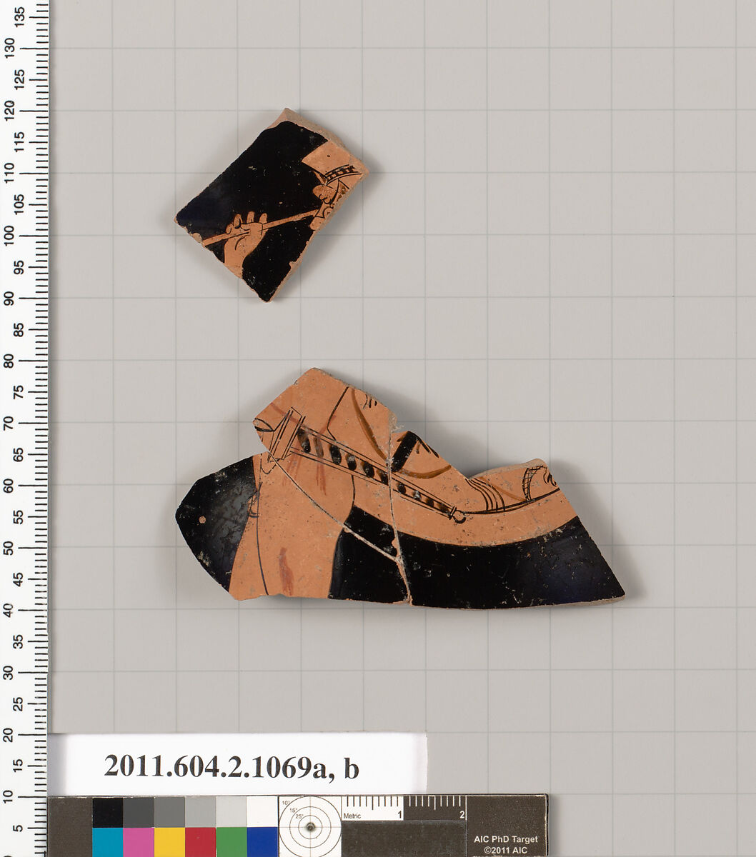 Terracotta fragments of a mug, oinochoe, shape 8, Terracotta, Greek, Attic 