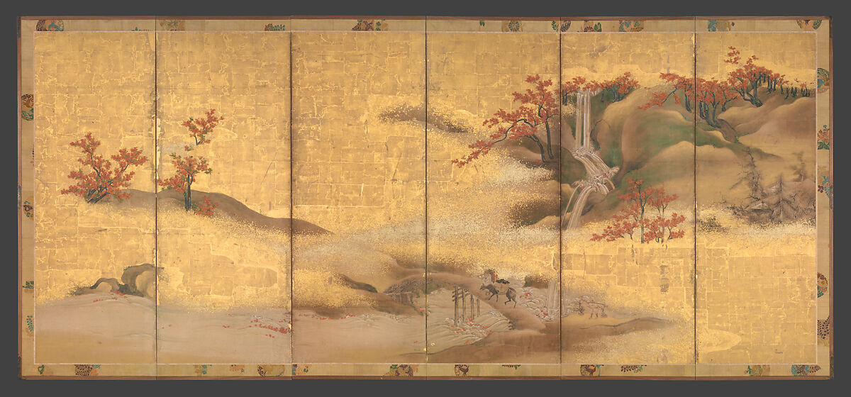Mountains and Rivers in Autumn, Pair of six-panel folding screens; ink, color, and gold on gilded paper, Japan 