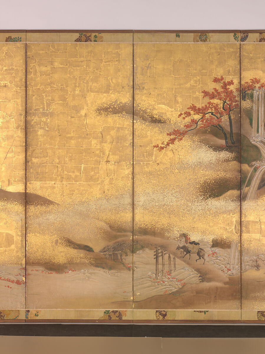 Mountains and Rivers in Autumn, Pair of six-panel folding screens; ink, color, and gold on gilded paper, Japan