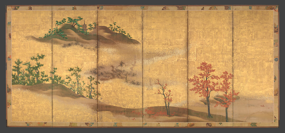 Mountains and Rivers in Autumn, Pair of six-panel folding screens; ink, color, and gold on gilded paper, Japan