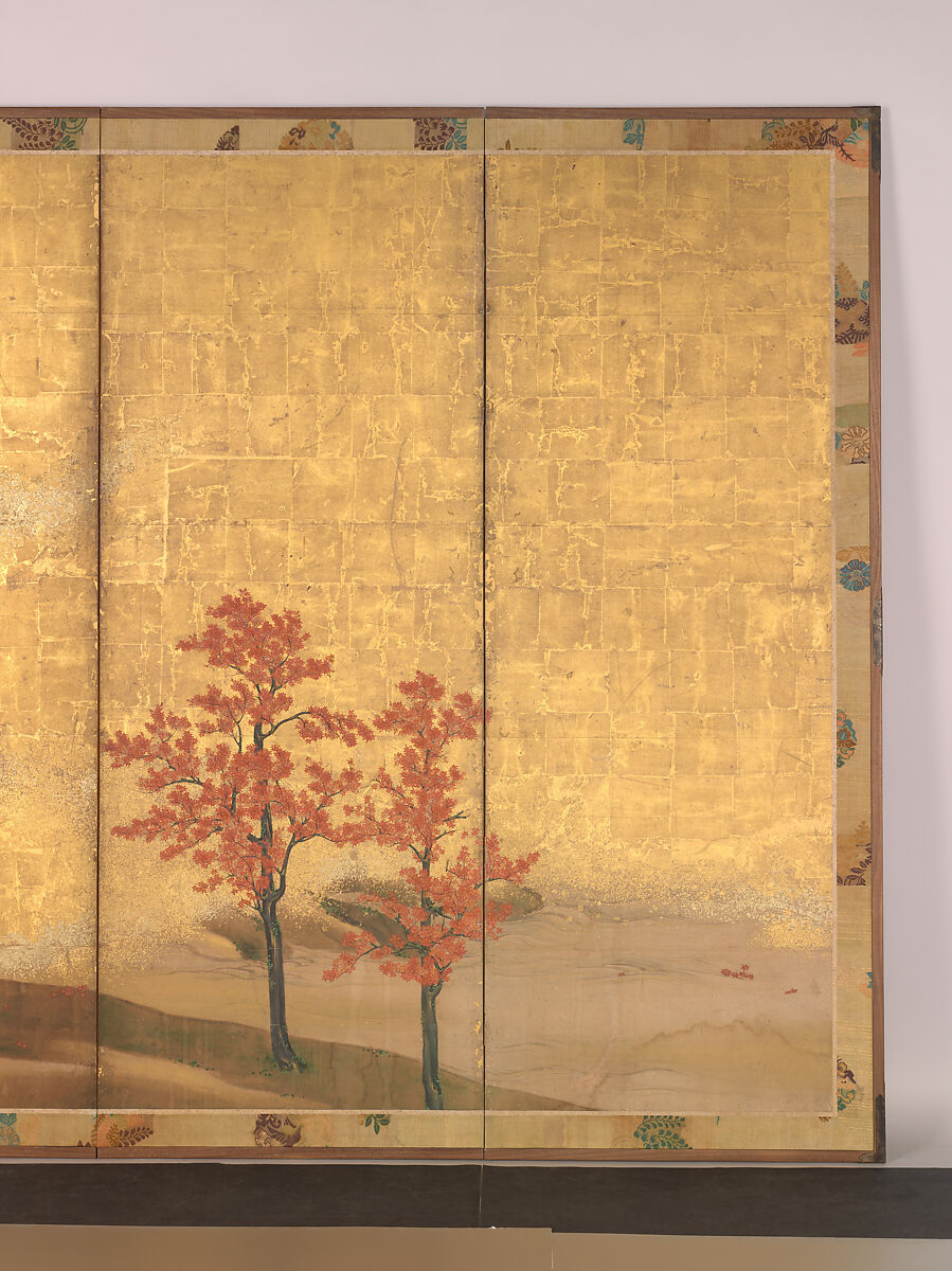 Mountains and Rivers in Autumn, Pair of six-panel folding screens; ink, color, and gold on gilded paper, Japan