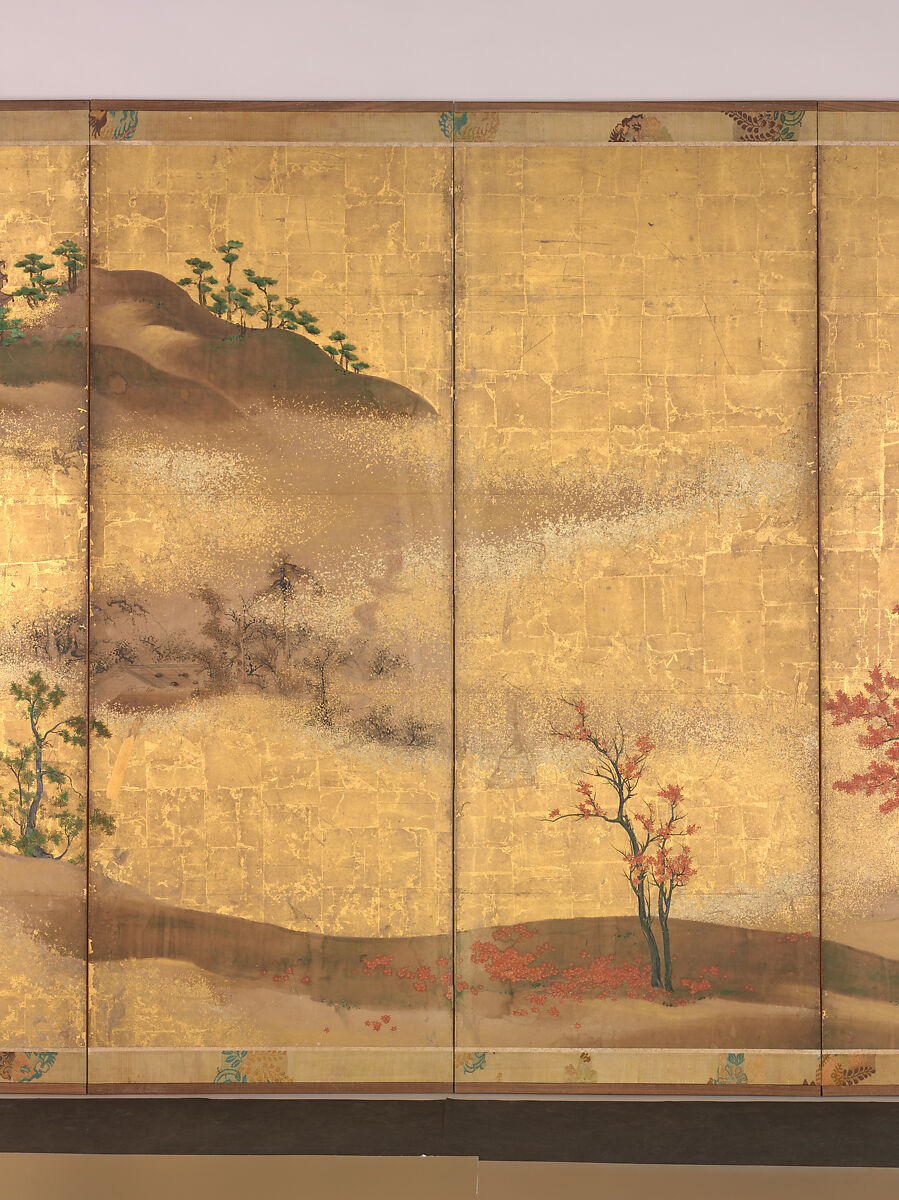 Mountains and Rivers in Autumn, Pair of six-panel folding screens; ink, color, and gold on gilded paper, Japan