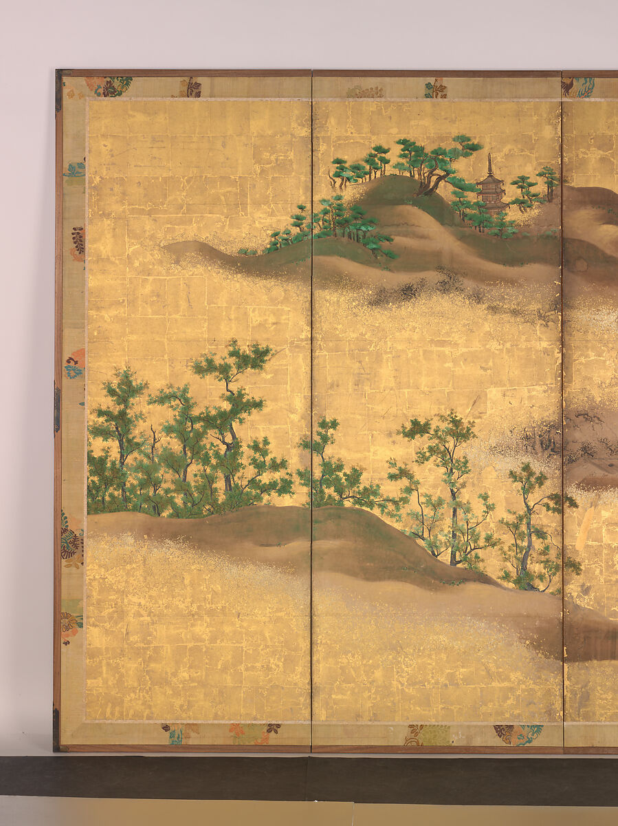 Mountains and Rivers in Autumn, Pair of six-panel folding screens; ink, color, and gold on gilded paper, Japan