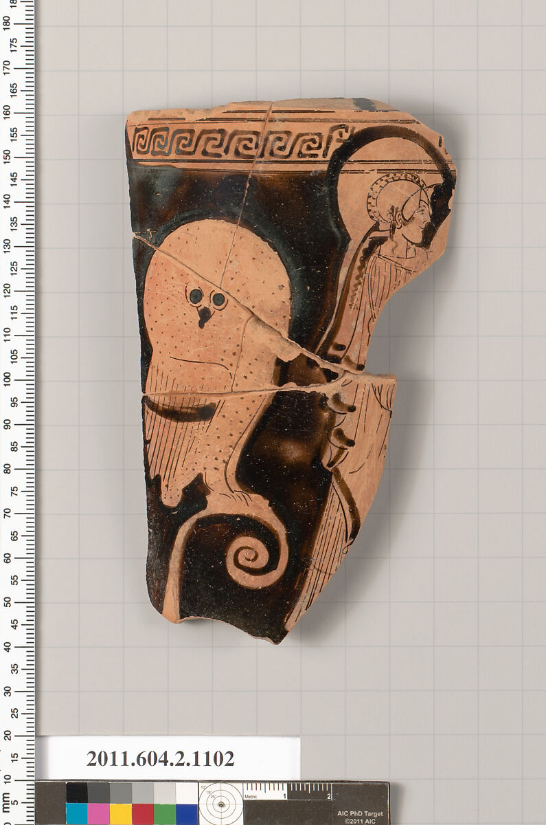 Terracotta fragment of a lekythos (oil flask), Terracotta, Greek, Attic 
