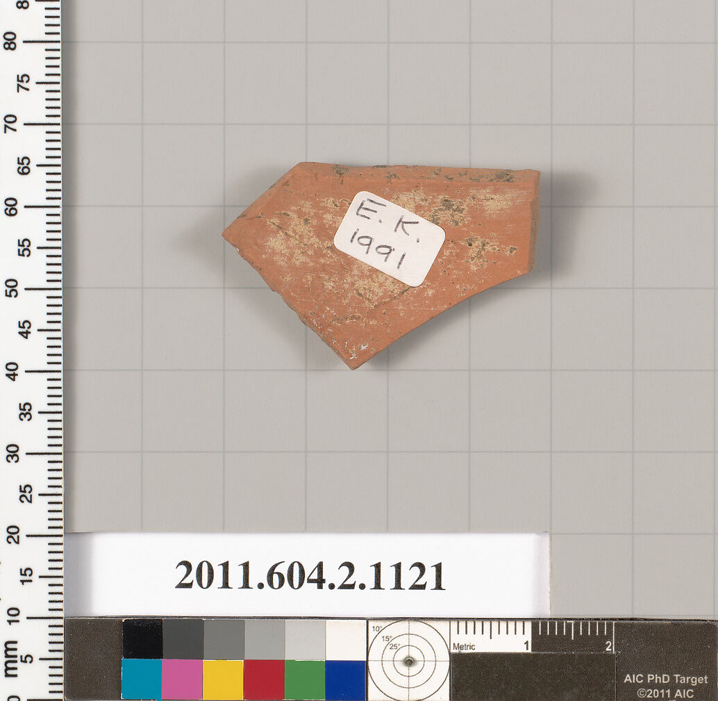 Terracotta fragment of a squat lekythos (oil flask), Terracotta, Greek, Attic