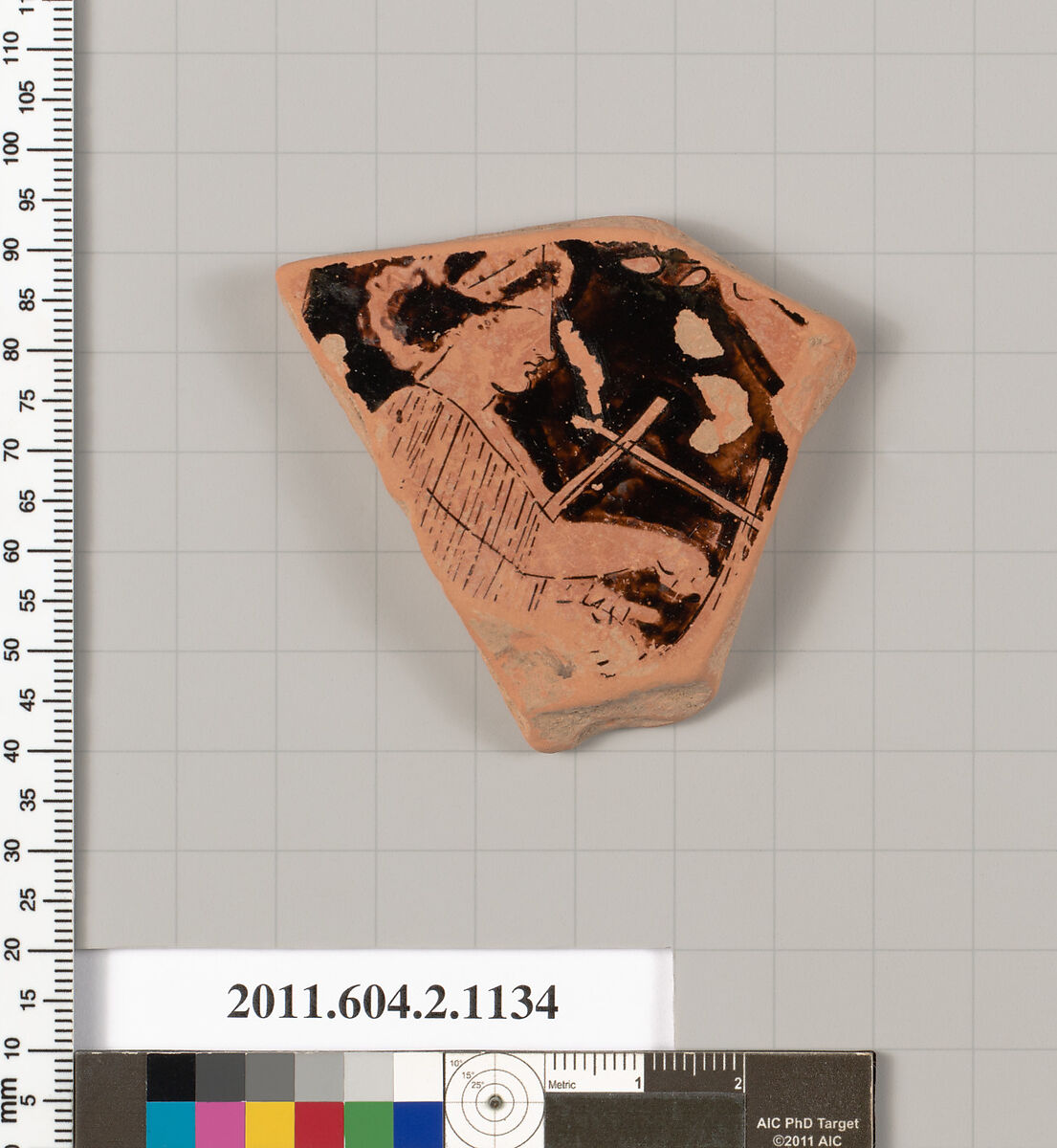 Terracotta fragment of a lekanis lid (covered dish), Terracotta, Greek, Attic 