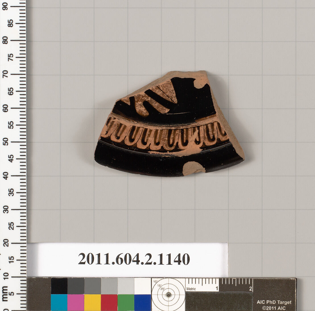 Terracotta fragment from a pyxis lid (box), Terracotta, Greek, Attic 