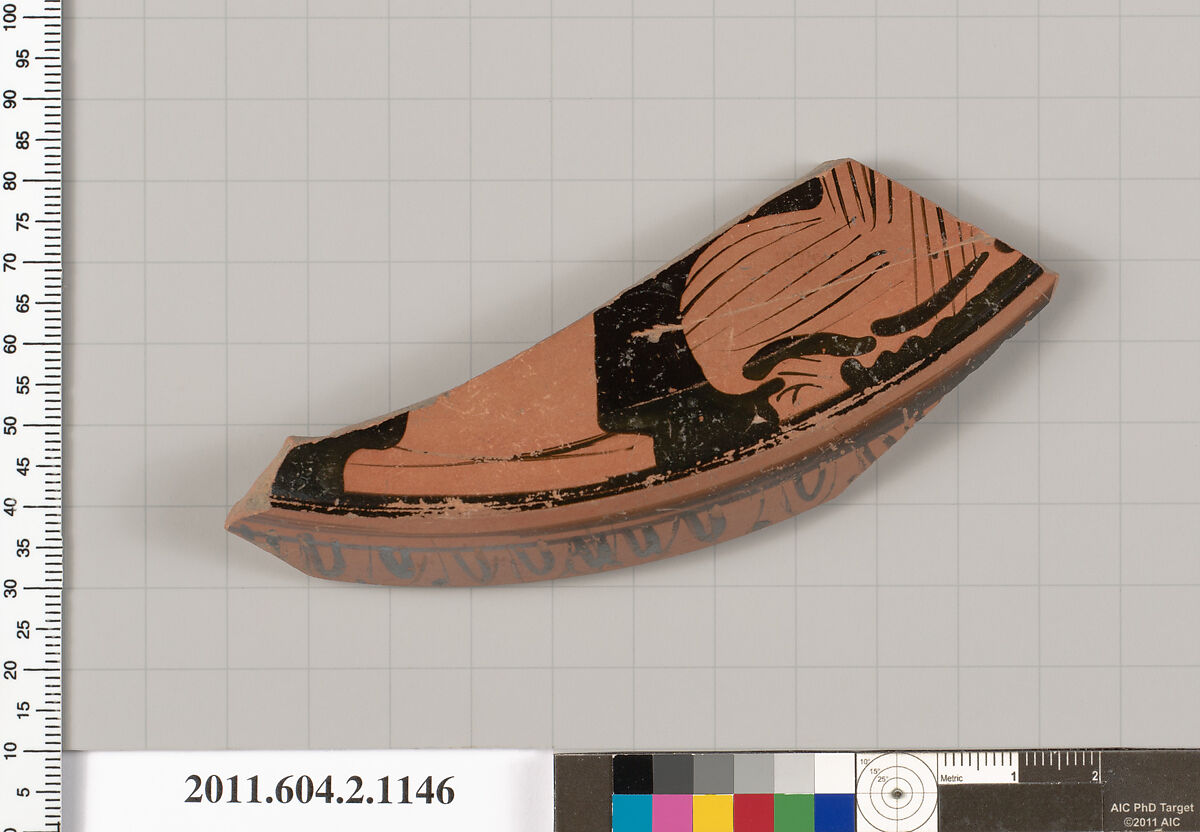 Terracotta fragment of a lekanis lid (covered dish), Terracotta, Greek, Attic 