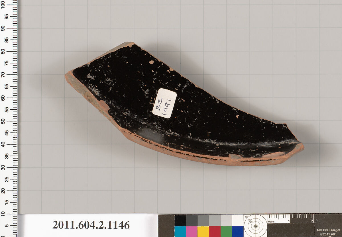 Terracotta fragment of a lekanis lid (covered dish), Terracotta, Greek, Attic
