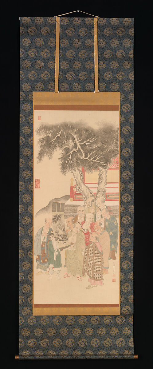 Ten Rakan Examining a Painting of White-Robed Kannon, Katō Nobukiyo (Japanese, 1734–1810), Hanging scroll; ink and color on paper, Japan