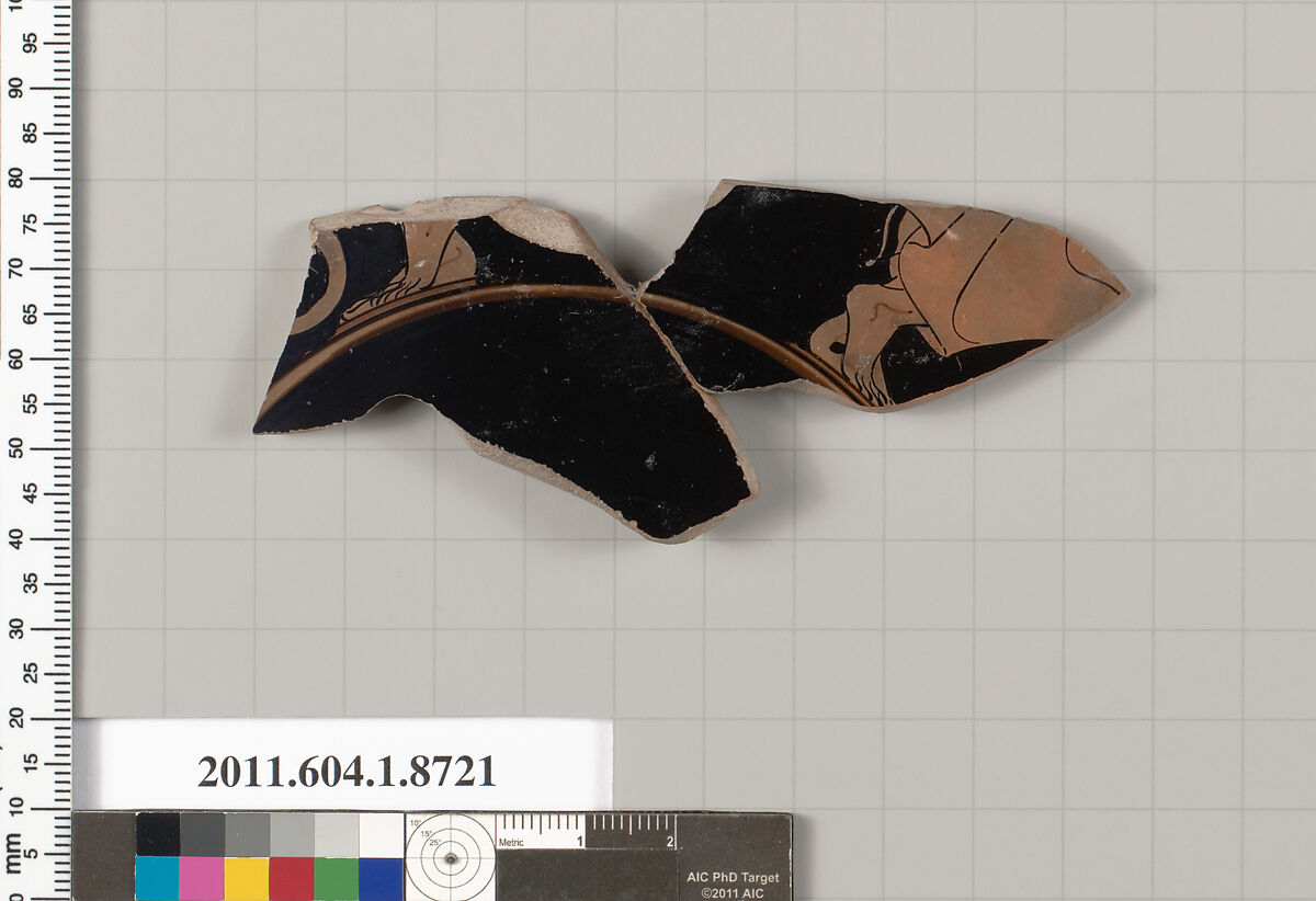 Terracotta fragment of a kylix (drinking cup), Terracotta, Greek, Attic