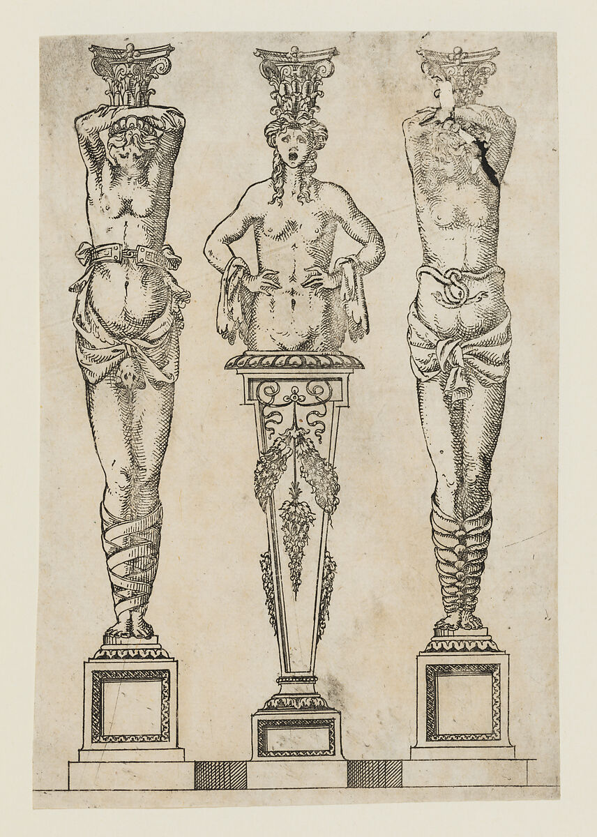 Designs for two caryatid and one term, Jacques Androuet Du Cerceau (French, Paris 1510/12–1585 Annecy), Etching 