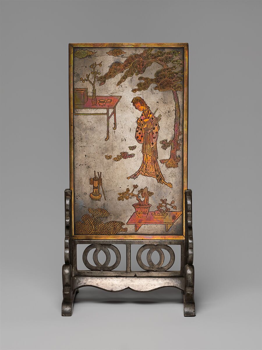 Table screen with woman playing touhu, Pewter with brass decoration, China