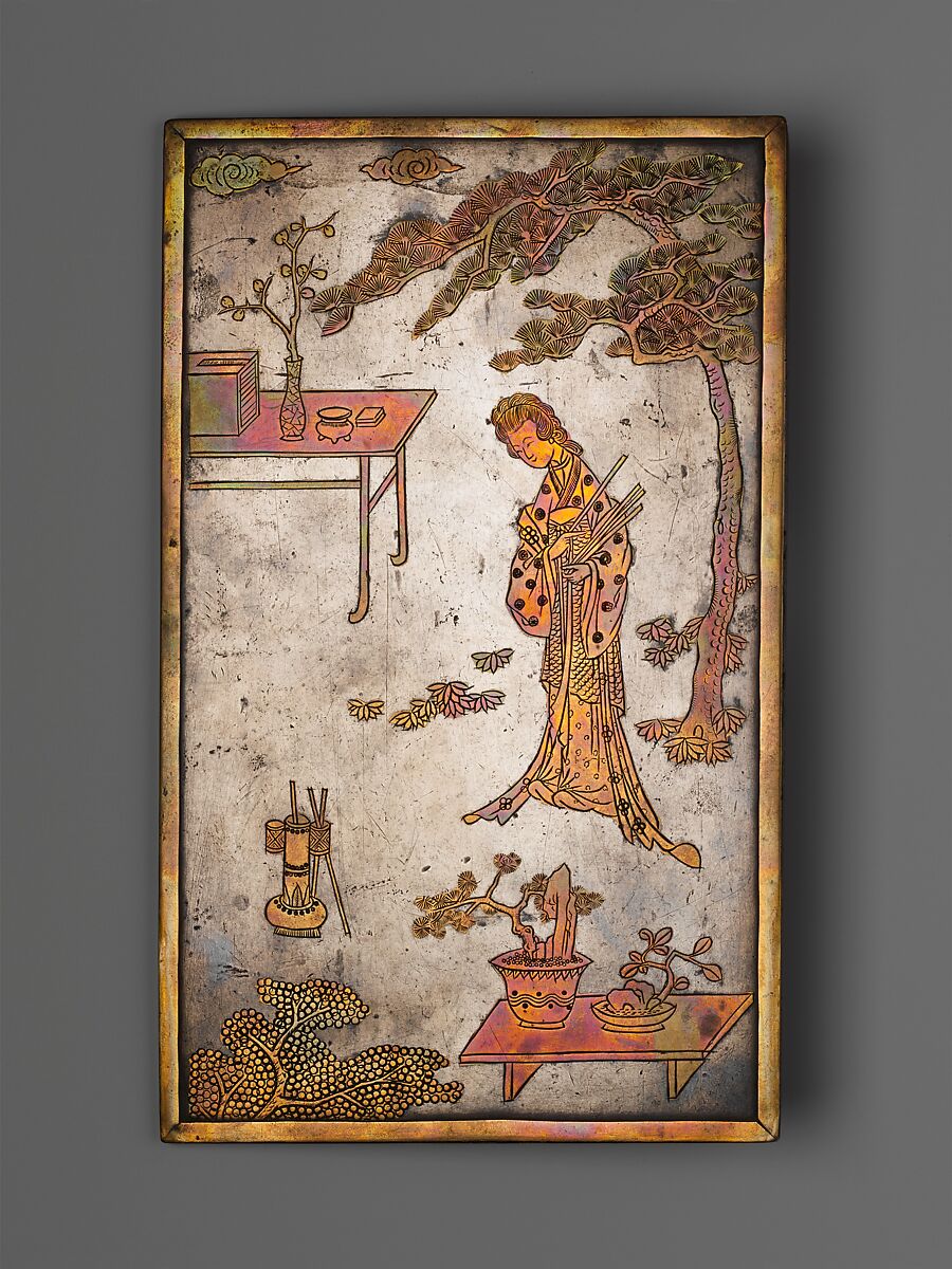 Table screen with woman playing touhu, Pewter with brass decoration, China 