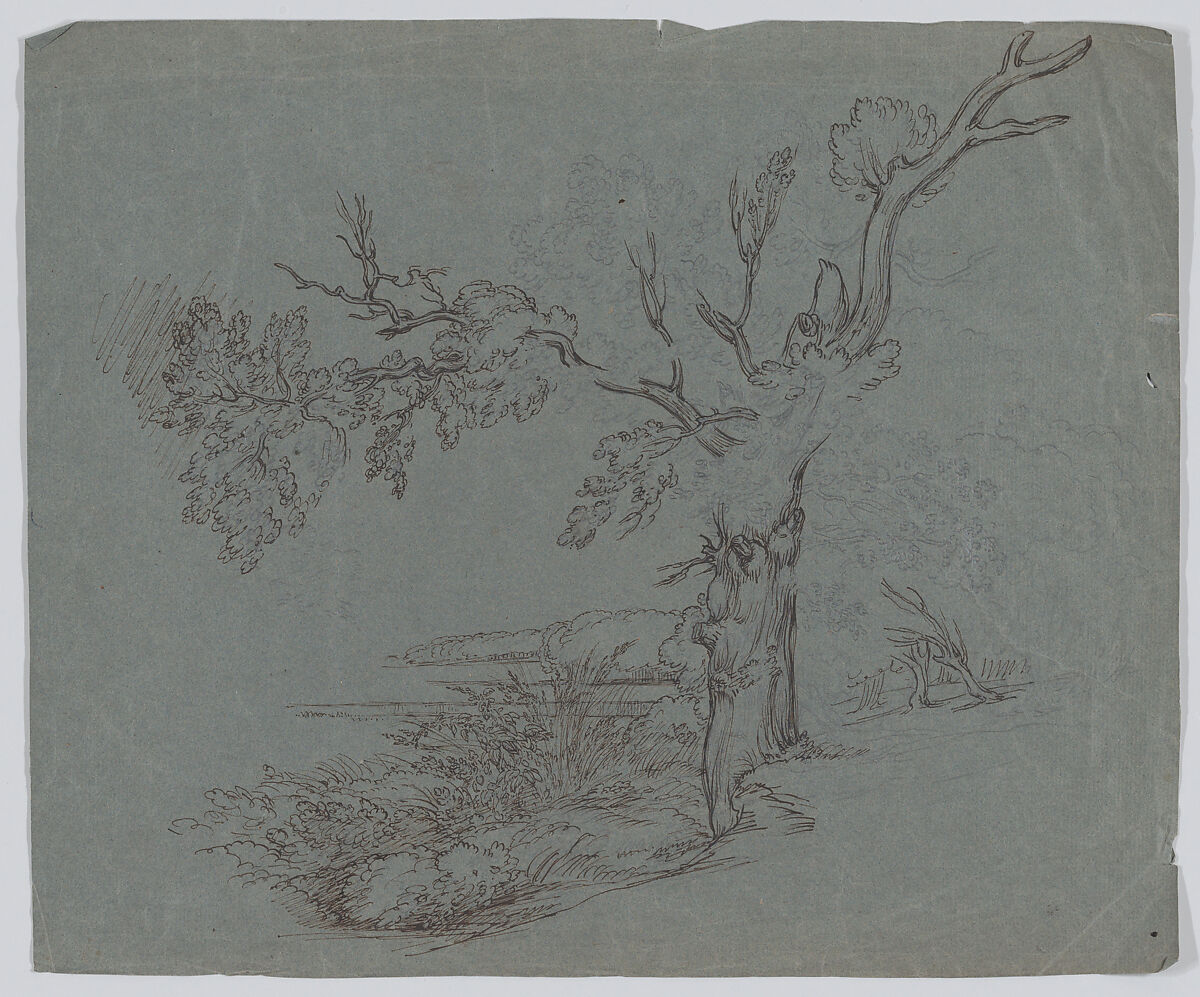 Landscape with a tree in the foreground, Circle of Raphael Lamar West (British, London 1769–1850 Bushey Heath), Graphite, pen and brown ink on gray paper 