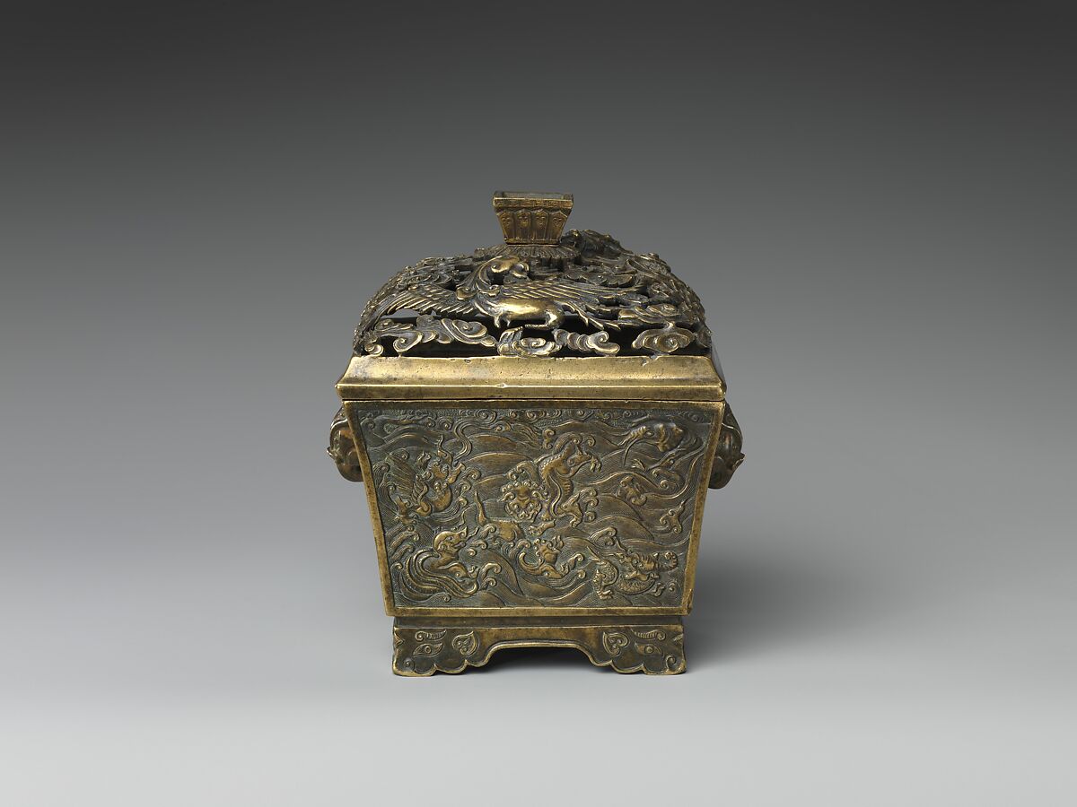 Incense burner with dragon, phoenix, and sea creatures, Copper alloy, China