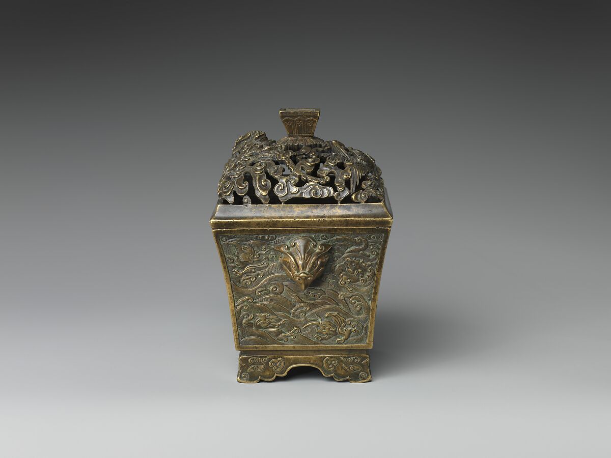 Incense burner with dragon, phoenix, and sea creatures, Copper alloy, China