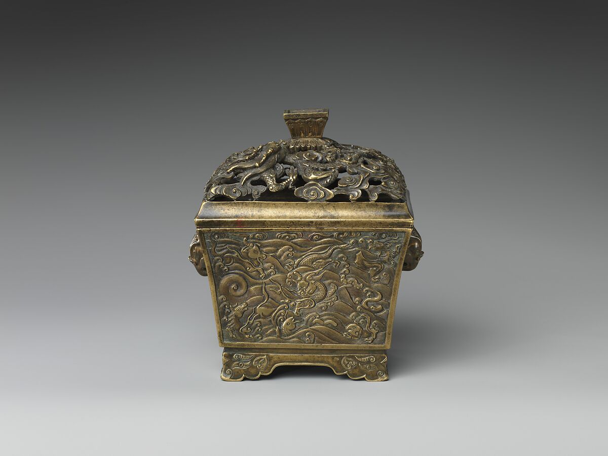 Incense burner with dragon, phoenix, and sea creatures, Copper alloy, China