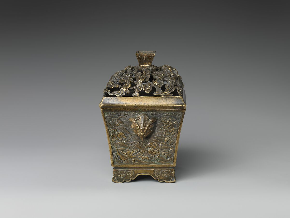 Incense burner with dragon, phoenix, and sea creatures, Copper alloy, China