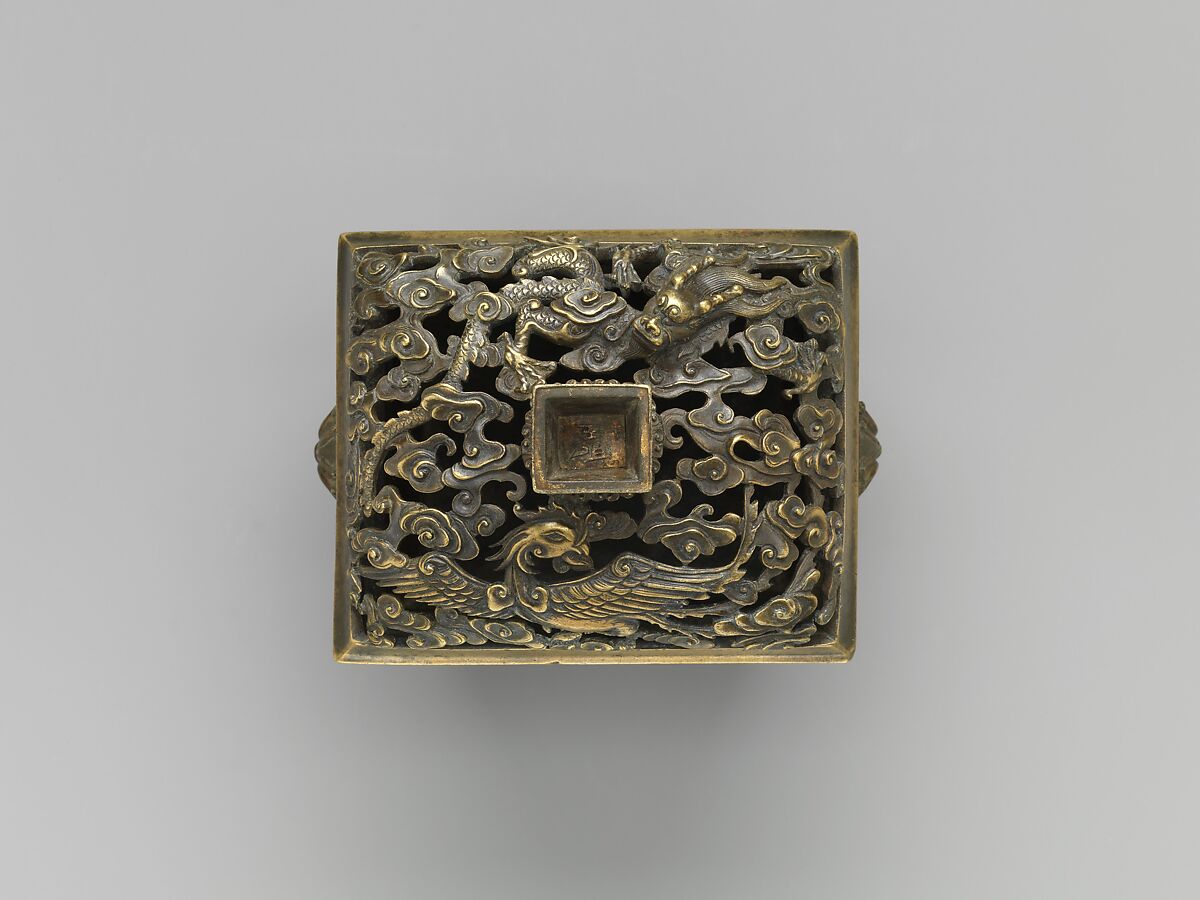 Incense burner with dragon, phoenix, and sea creatures, Copper alloy, China