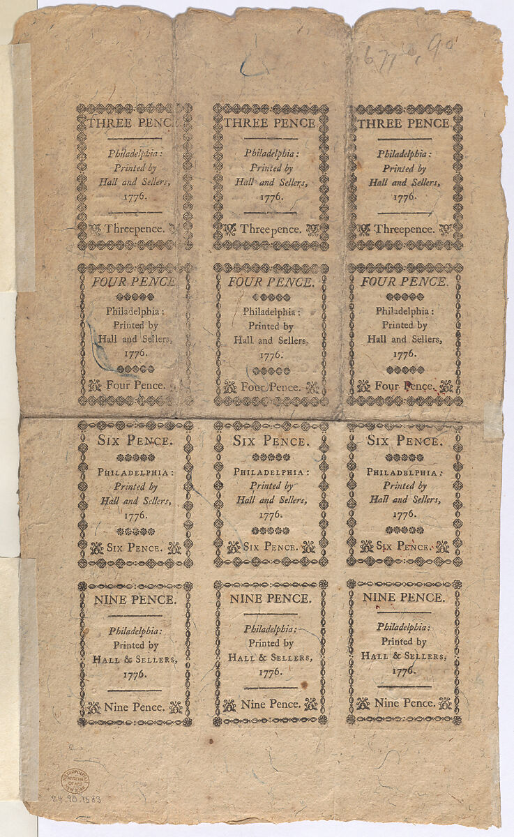 Uncut sheet of United States Continental currency, Hall and Sellers, Philadelphia, Pennsylvania, Engraving and letterpress