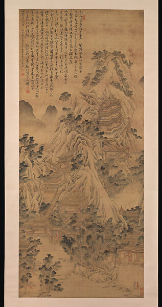 Landscape with towers and pavilions, Su Renshan (Chinese, 1814–1849), Hanging scroll; ink and color on silk, China 