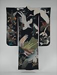 Long-sleeved Robe (Furisode) with Birds, Plain-weave crepe silk with paste-resist dyeing, Japan