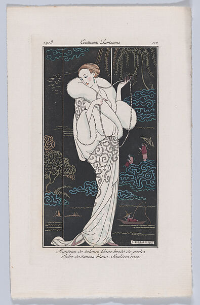 Costumes Parisiens 112: Manteau de velours blanc brodé de perles; Robe de damas blanc – Souliers roses., Designed by George Barbier (French, Nantes 1882–1932 Paris), plates: hand colored engraving 