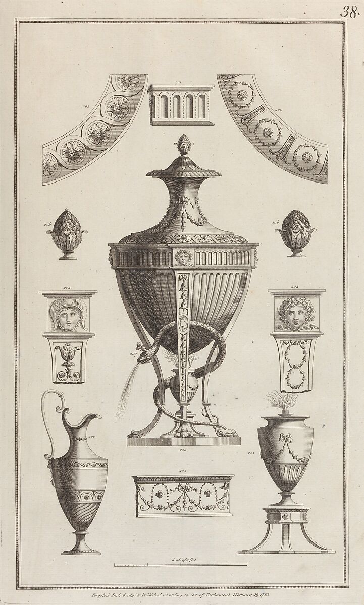 Ornament Design with Vases (in "Designs for Various Ornaments," pl. 38), Michelangelo Pergolesi (Italian, active from 1760–died 1801), Etching 
